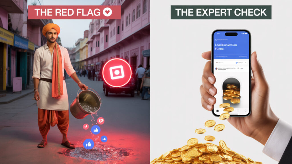 A split image comparing bad digital marketing (wasting likes) vs expert digital marketing in Jaipur (real ROI and leads) by Trendyvify.