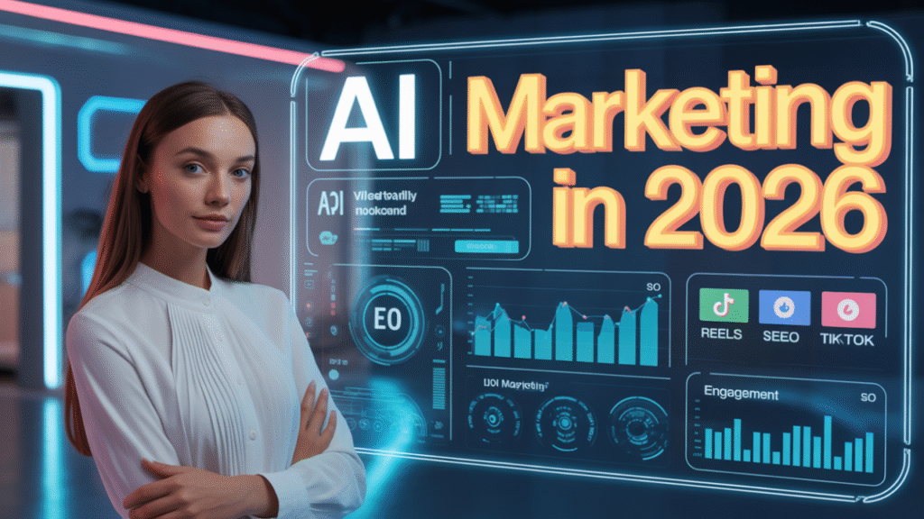 Futuristic digital marketing dashboard with AI analytics, SEO graphs, video marketing icons, and location pins for 2026 marketing strategies.